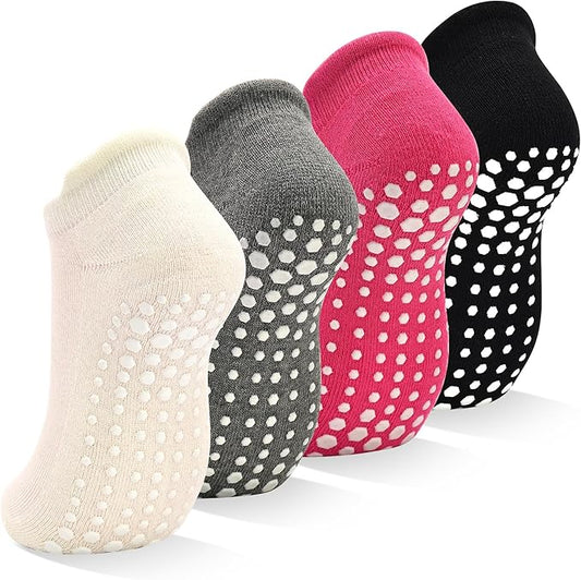 SkiBeaut Grips Non Slip Socks for Women, 4 Pairs Yoga Pilates Anti Skid Woman Hospital Gripper Socks (5-12)