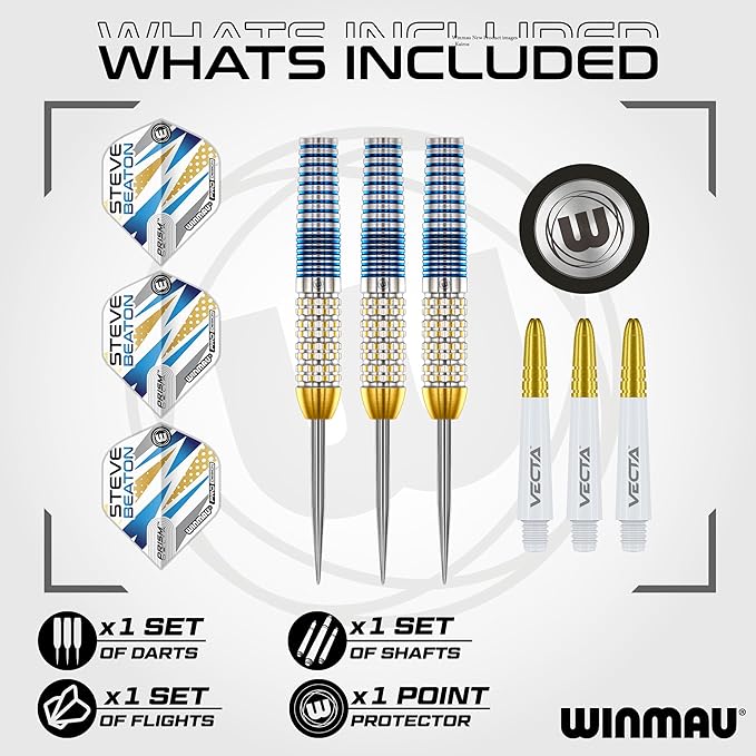 WINMAU Darts - Professional Player - Steve Beaton Legacy Edition 90% Tungsten Darts Set with Dart Flights and Dart Shafts (Stems) – Available in Soft and Steel Tip - Available weights 18g, 22g and 24g