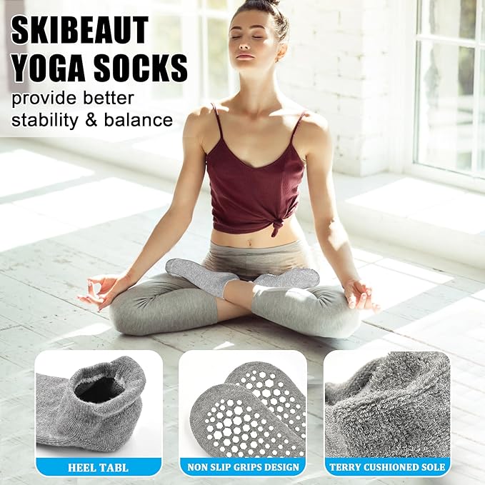 SkiBeaut Grips Non Slip Socks for Women, 4 Pairs Yoga Pilates Anti Skid Woman Hospital Gripper Socks (5-12)