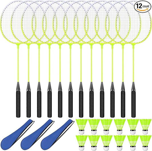 12 Pack Badminton Rackets Set Including Rackets, Nylon Shuttlecocks and Carry Bag for Outdoor Backyard Games Beginners