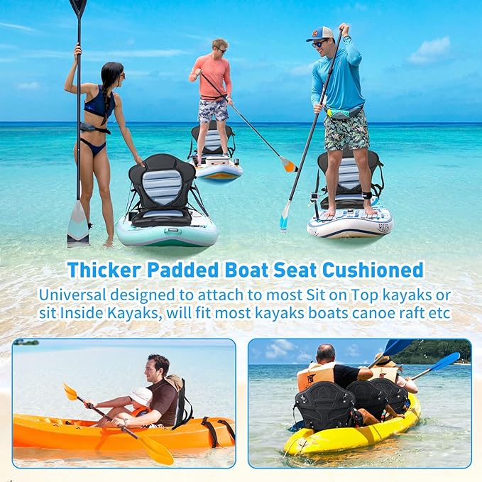 Kayak Seat Deluxe Padded Fishing Boat Seat Deluxe Sit-On-Top Canoe Seat Cushioned - Comfortable Backrest Support Universal Sit with Adjustable Back Strap Detachable Storage Bag