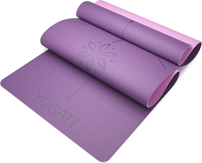 YOGATI® Non Slip Yoga Mat with Alignment Lines. Home Workout Mat for Women, Men and Kids. Thick Yoga Mats with Strap for Pilates and Fitness.