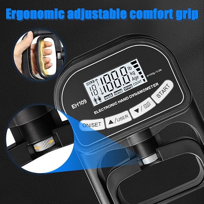 Grip Strength Tester 400 lbs/180 kg with Backlit LCD Display, Digital Hand Grip Dynamometer Records Up to 19 Users, Adjustable Grip Strength Trainer 11–220 lbs for Sports, Rehab, Home & School Use
