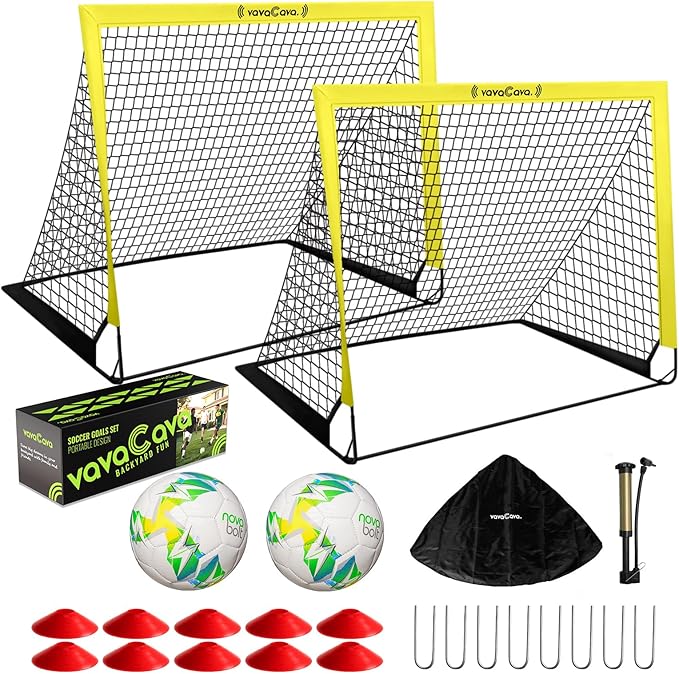 VavaCava 4'x3' Size Portable Soccer Goals Set for Backyard Fun, 2 Nets, 2 Size 3 Balls, 10 Marker Cones, Pump and Carry Bag, Outdoor Games for Backyard, Beach, Lawn, Kids Soccer Training Equipment