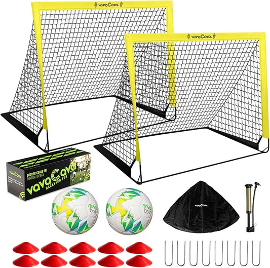 VavaCava 4'x3' Size Portable Soccer Goals Set for Backyard Fun, 2 Nets, 2 Size 3 Balls, 10 Marker Cones, Pump and Carry Bag, Outdoor Games for Backyard, Beach, Lawn, Kids Soccer Training Equipment