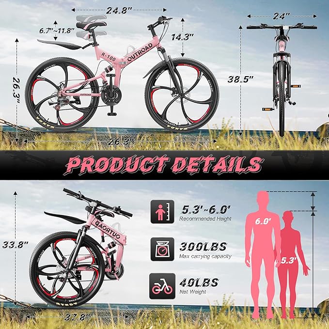 Betterland 26 Inch Folding Mountain Bike, 21 Speeds Full Suspension Foldable Bikes, Dual Disc Brake, High Carbon Steel Frame and Non-Slip Quick Release tire Bicycle for Adult