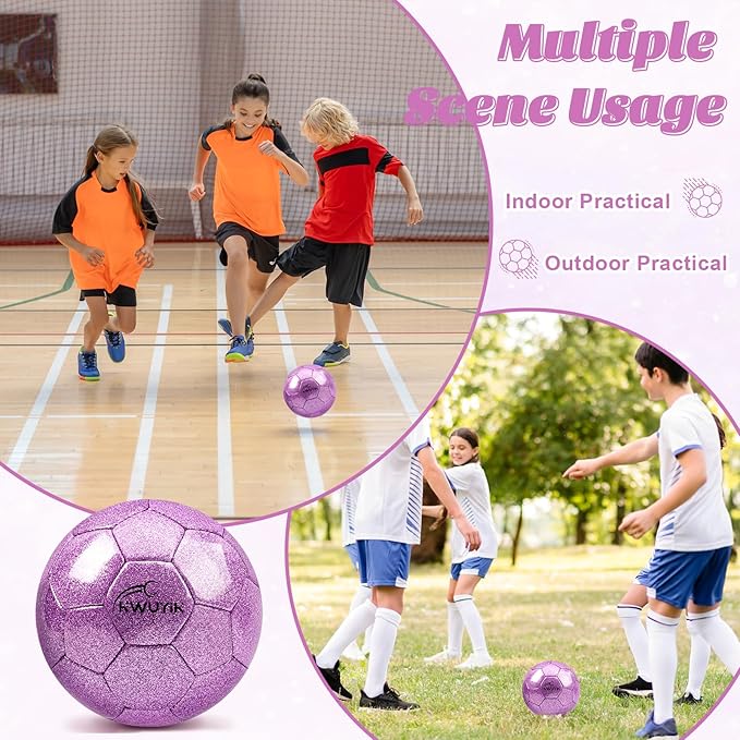 Size 3 4 5 Glitter Pink Gold Purple Soccer Ball Set with Pump Youth Soccer Ball for Kids Aged 4-6 6-8 8-12 Toddler Soccer Ball Soft Training Ball Practice for Teens Children Adults Boys Girls