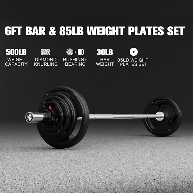RitFit Barbell Weight Set - 4/6FT Olympic Barbell with Weight Plates (55-275LB Total) - Weightlifting Equipment for Squats, Curls, Deadlifts, Presses, Hip Thrusts
