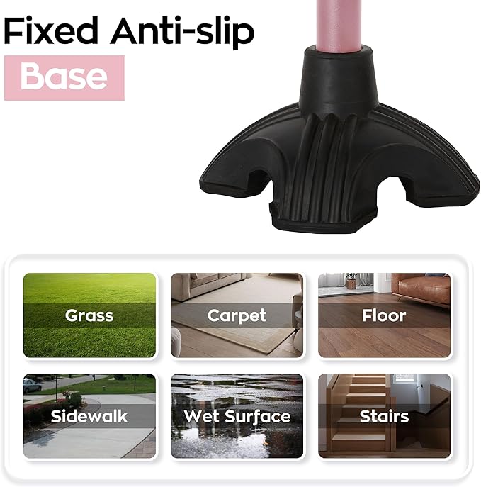 Walking Cane for Women, Extended Grip; Solid Base; Foldable; Adjustable Heights; Lightweight; Free Standing; Portable Canes for Women for Stability (Pink)