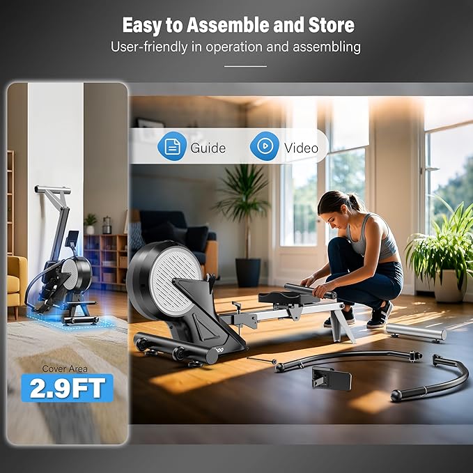 pooboo Rowing Machines for Home, Dual Wind & Magnetic Resistance, Foldable Row Machine 400 LB Weight Capacity, 14 Levels Resistance Quiet Rowers for at Home Exercise, App Supported