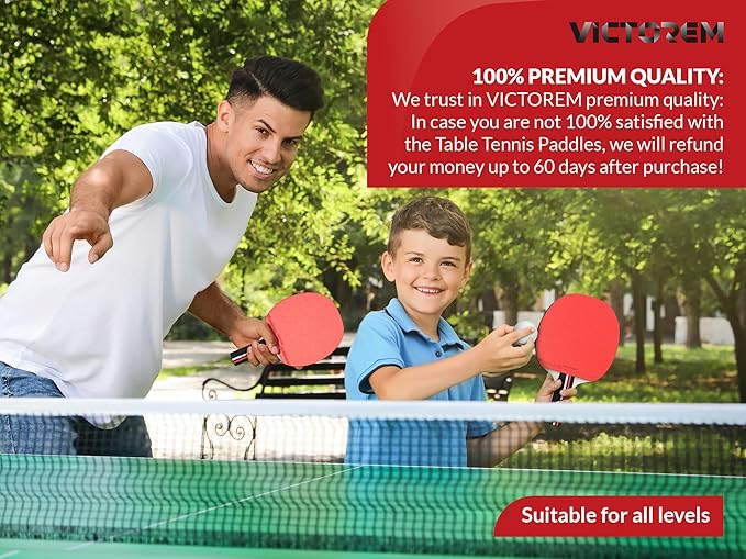 VICTOREM Table Tennis Paddles Set of 4 - Professional Ping Pong Paddles Set with Rubber & Ergonomic Handle for Enhanced Control & Spin - Speed & Control for Ultimate Performance with 8 Balls Included