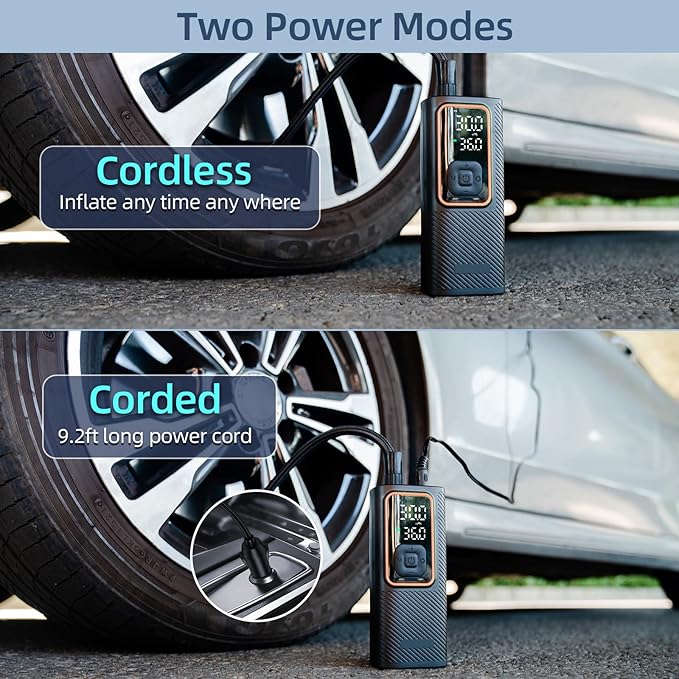 Cordless Tire Inflator Portable Air Compressor, 150 PSI Air Pump with Rechargeable Battery, Tire Pressure Gauge, 12V Car Power Adapter, Smart Air Pump for Car, Motorcycle, Bike, Ball
