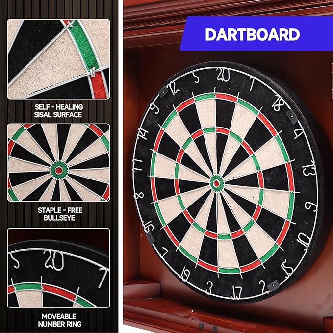 GSE Games & Sports Expert Professional Solid Wood Classic Dartboard Cabinet with Sisal/Bristle Dartboard, Scoreboard, and 6 Steel Tip Darts, Easy Assembly Complete with All Accessories (Premium Brown)