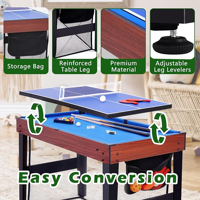 48" Multi Game Table, 9 in 1 Combo Game Table, Arcade Combination Game Table Set w/Billiards, Ping Pong, Hockey, Basketball, Bean Bag and Foosball for Adult, Kids, Home,Game Room