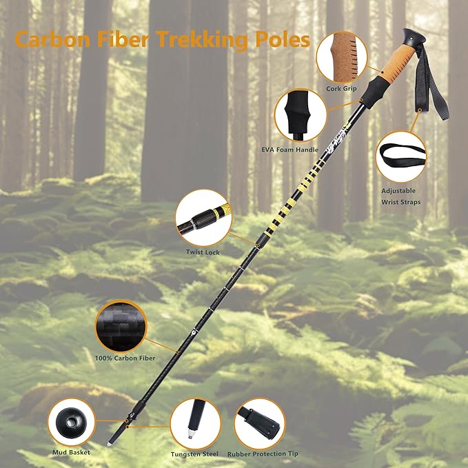 Carbon Fiber Trekking Poles, Lightweight Adjustable Hiking Poles with Cork Grips, Pair of 2 Walking Sticks Balance Support for Women and Men