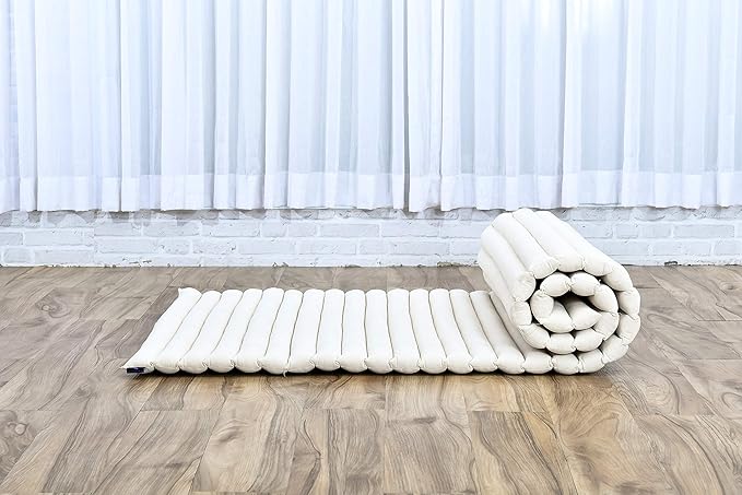 Leewadee - Foldable Floor Mattress - Japanese Roll Up Futon -Trifold Tatami Mat- Guest Floor Bed - Camping Mattress - Thai Massage Mat, Kapok Filled, 75 x 28 inches, Ecru