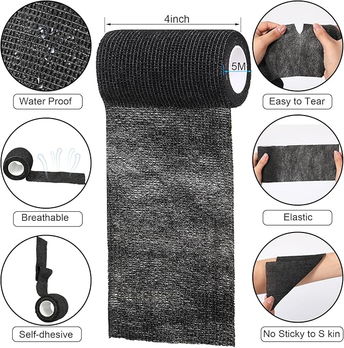 Treela 48 Pack Self Adhesive Wrap Bandage Bulk, Self Adherent Cohesive Bandage Elastic Athletic Tape Breathable Wound Tape for Stretch Athletic Sports Wrist Ankle(Black,4 Inches X 5 Yards)
