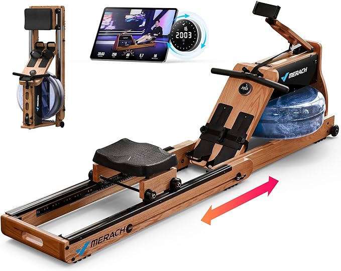 MERACH Water Rowing Machines for Home, Foldable Row Machine with 400LBS Weight Capacity, Dedicated Monitor and Comfortable Seat, Free MERACH App for Immersive Water Rower