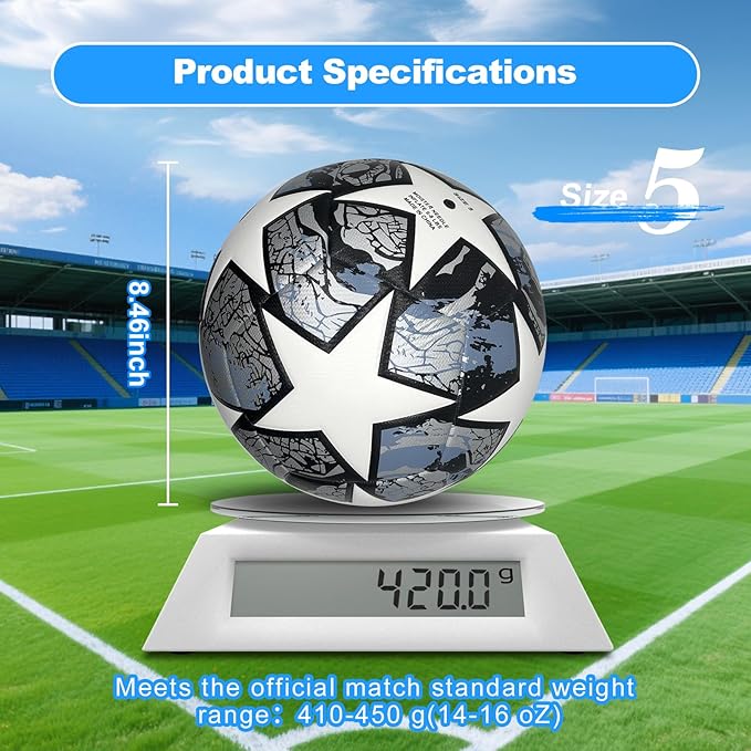 Soccer Ball Size 5,Waterproof PU Leather,Official Match Ball