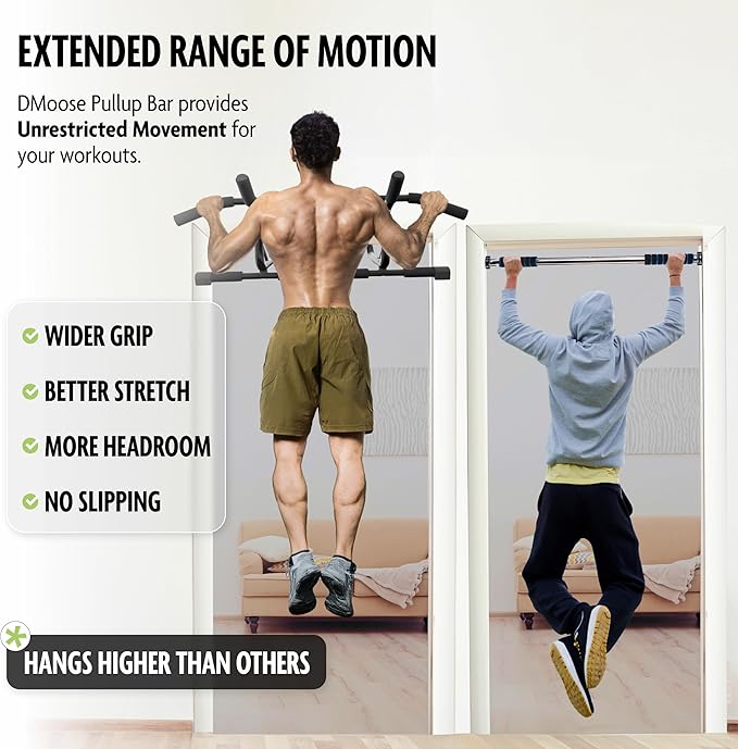 DMoose Fitness Pull Up Bar for Doorway - Upto 250 Lbs Capacity, No Screwing or Slipping, Hanging Pullup & Chin Up Bar for Door Frame - Multi Padded Grips for Strength Training with Installation Guide