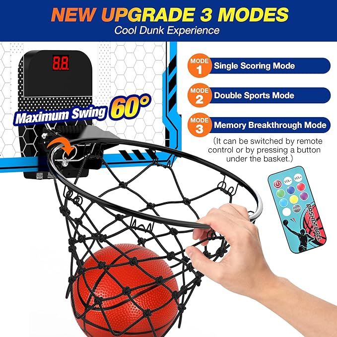 ropoda Indoor Basketball Hoop, Mini Hoop with Remote Controll, 7 LED Lights, 3 Modes Scoreboard, Mini Hoop with 4 Balls Over The Door, Basketball Hoop Indoor, Toys Gifts for Kids Adults