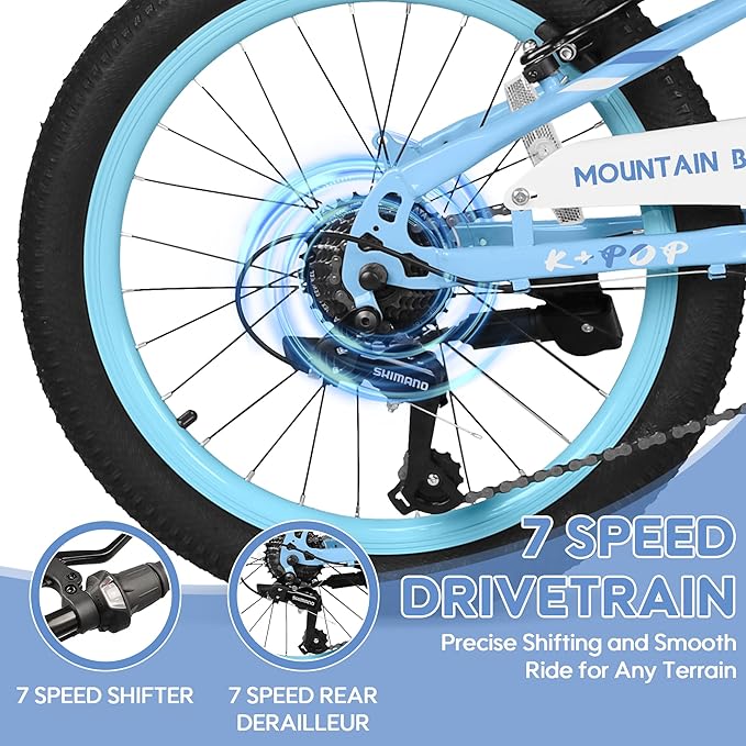 20 24 Inch Kids Bike, 7-Speed Girls Boy Mountain Bike, Front Suspension Fork Kids' Bicycles Girls Boys Bikes Ages 8-12, Front and Rear V Brakes