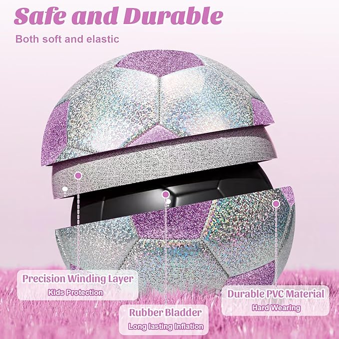 Soccer Ball Size 3 4 5 Glitter Pink Purple Silver with Pump Toddler Soccer Ball for Kids Aged 3-6 6-8 8-12 Outdoor Training Ball for Girls Boys Children Youth Teens