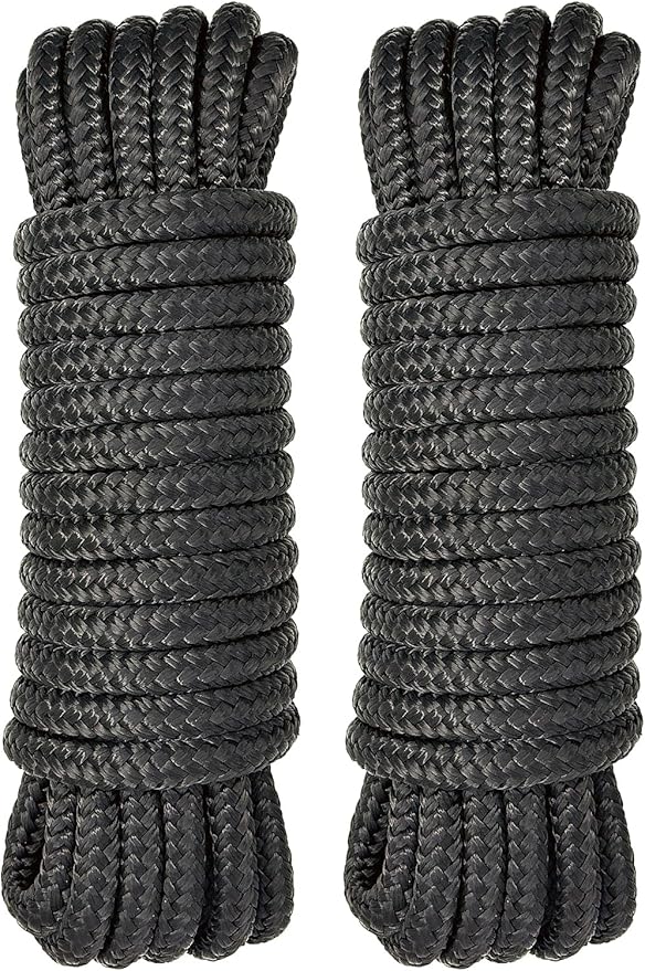 Boat Dock Lines 2 Pack 3/8" x 25' Double Braided Nylon Boat Ropes for Docking with 12" Loop, Marine Grade High Strength Boat Lines, Premium Marine Rope Mooring Lines, Easy Handling, Black