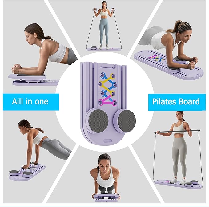 Pilates Board, 6 in 1 Pilates Reformer Set, Foldable Pilates Reformer Machine with Resistance Bands & Ab Trainer for Home Workout, Portable Pilates Board for Women