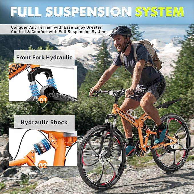 26 inch Folding Mountain Bike, Carbon Steel Frame and 21 Speed, Double Disc Brake and Dual Suspension Folding Bike for Adults/Men/Women, Easy Assembly Bicycle(Black/Green/Orange)