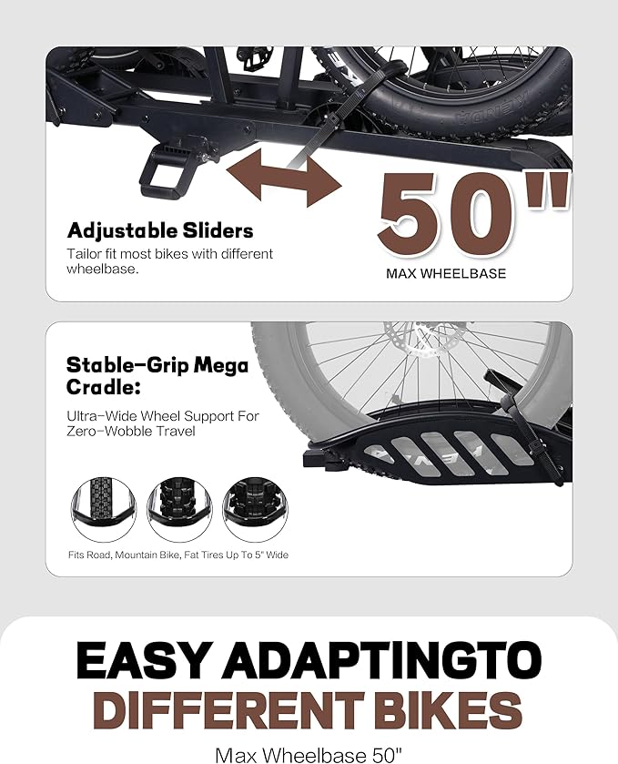 E-Bike Rack with Ramp, Hitch 2 Bike Rack, 200 lbs Capacity Electric Bike Carrier, Foldable Platform Mount for Cars, Trucks, SUVs, Minivans, Up to 5-Inch Fat Tire for 2'' Receiver