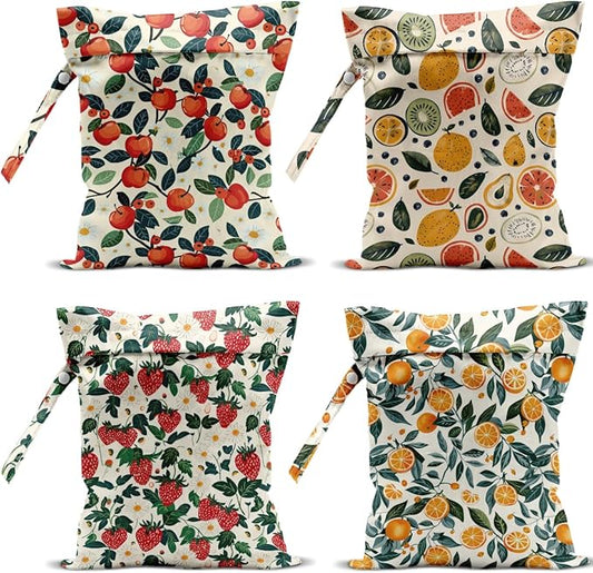 4 Pack Cute Fruit Wet Bag Waterproof Washable Reusable Wet Dry Bag for Swimsuit Clothes Cloth Diaper Travel Beach Pool Yoga Gym Toiletries Travel Beach Essentials Strawberry Orange Apple