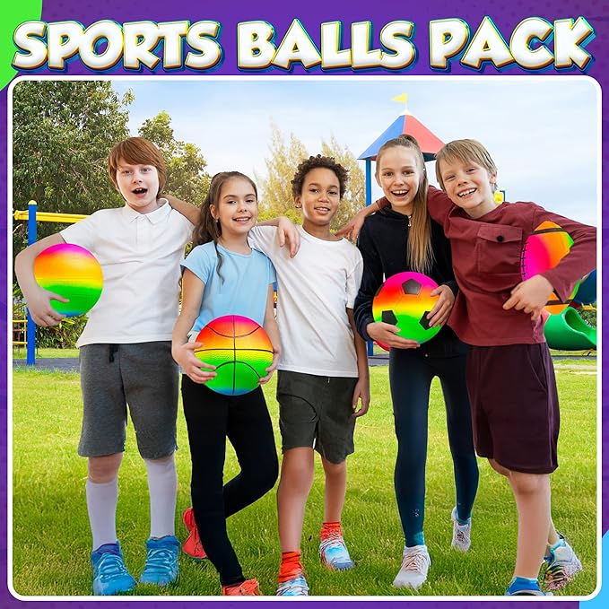 Rainbow Sports Balls for Kids & Toddlers - (Pack of 4) 8.5-Inch Neon Sport Ball Set Includes Football, Soccer, Basketball, & Playground Balls, Inflatable Indoor & Outdoor Fun Toys - Birthday Gift