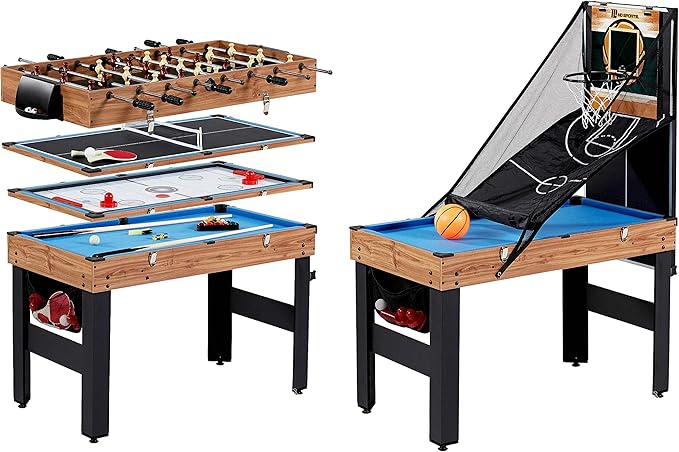 MD Sports Combination Games Multiple Styles Arcade Collection, Billiards, Ping Pong, Hockey, Basketball and Foosball Combination Kit Comes with All The Basics