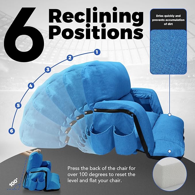 Wide Stadium Seats With Back Support 2 Pack, Exclusive "Sofa Style" Design Extra Thick Bleacher Chairs With Back and Cushion, 6 Reclining Positions - Ultimate Comfort for Sports Events (Blue, 22.5")