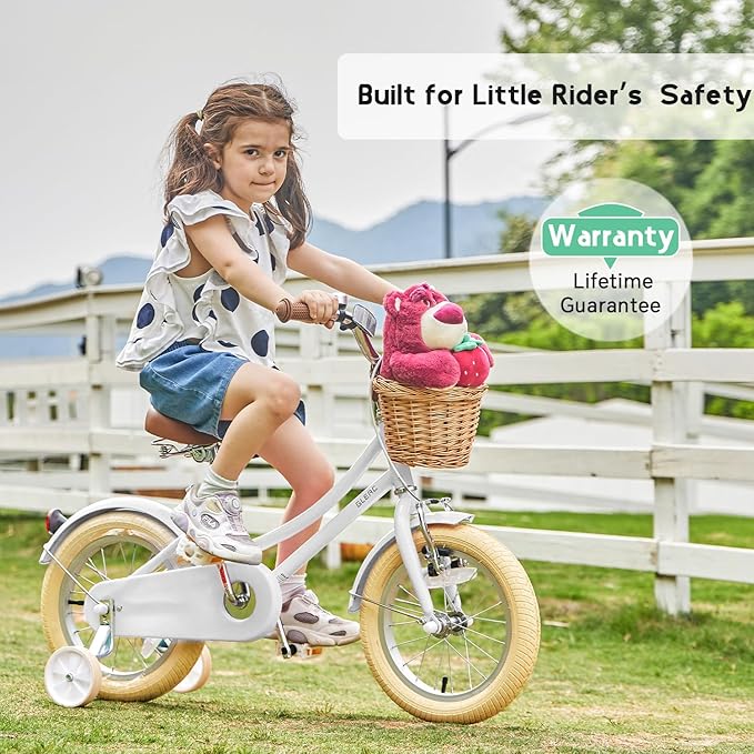 Glerc Little Molly 12-20 Inch Kids Retro Cruiser Bike for 2-13 Year Old with Wicker Basket & Training Wheels/Kickstand, Multiple Colors