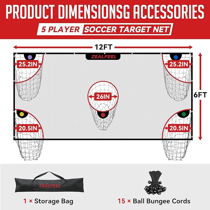 Soccer Target Net, 12x6ft Goal Net with 5 Scoring Zones for Practice Shooting & Goal Shots, Anti-Tear Mesh, 3 Steel Rods, Removable Stick-On Markers, Portable Football Training Equipment