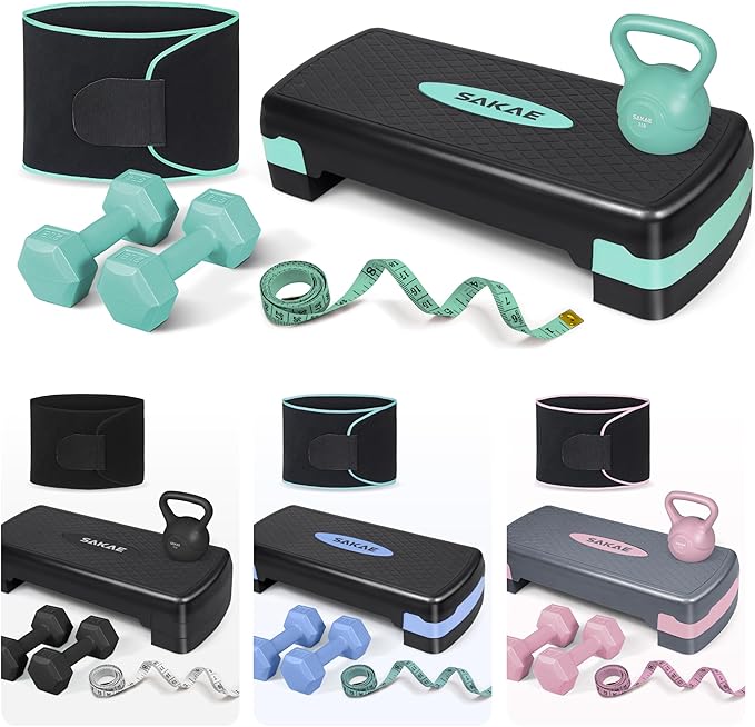 SAKAE Adjustable Aerobic Stepper Kit with Dumbbells & Kettlebell & Weightlifting Belt & Measuring Tape, 2 Level Risers Exercise Step Platform for Home Gym Exercise Fitness Workout, Multiple Colors