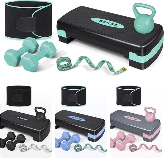 SAKAE Adjustable Aerobic Stepper Kit with Dumbbells & Kettlebell & Weightlifting Belt & Measuring Tape, 2 Level Risers Exercise Step Platform for Home Gym Exercise Fitness Workout, Multiple Colors