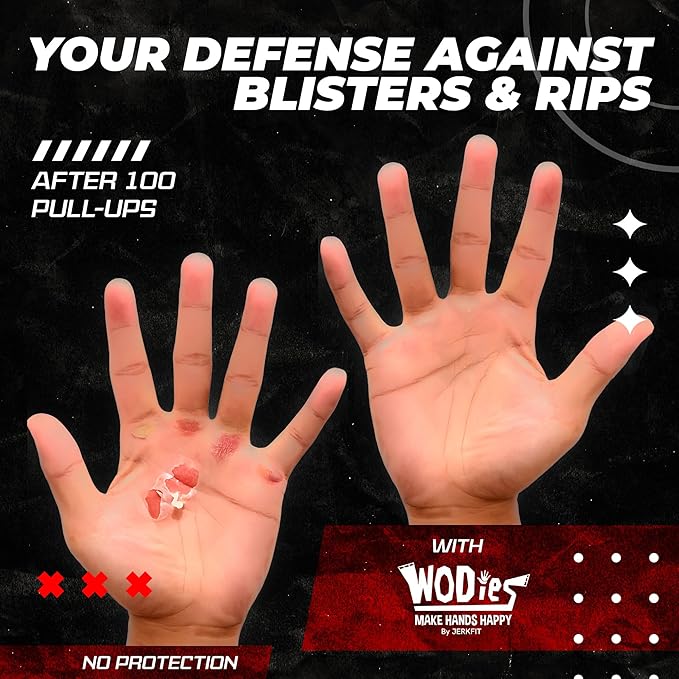 JerkFit WODies Gymnastics & Weightlifting Grips with Wrist Wraps – 3 Hole Versatile Gym Gloves for Pull Ups, Gym Training & Cross Training – Hand Grips Palm Protector for Men & Women