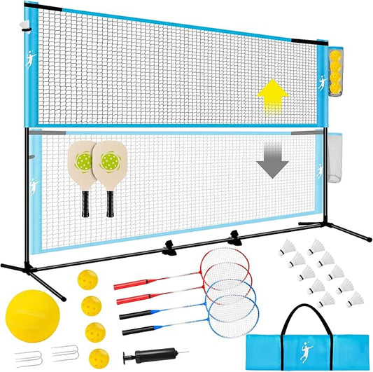 Pickleball Badminton Net Set for Backyards, All-in-One Portable Volleyball Combo Set with Adjustable Net, Volleyball Pickleball Paddles & Badminton Rackets for Indoor Outdoor