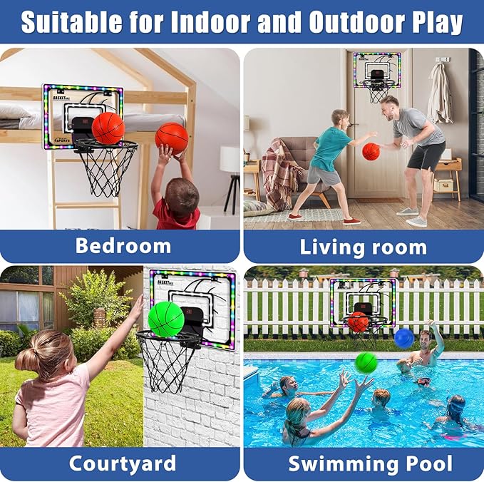 AOKESI Mini Indoor Basketball Hoop for Kids Scoring Hoop with 3 Balls,Led Light & Batteries Over The Door Bedroom Office Portable Basketball Toys Best Gift for Adults & Boys 4 5 6 7 8 9