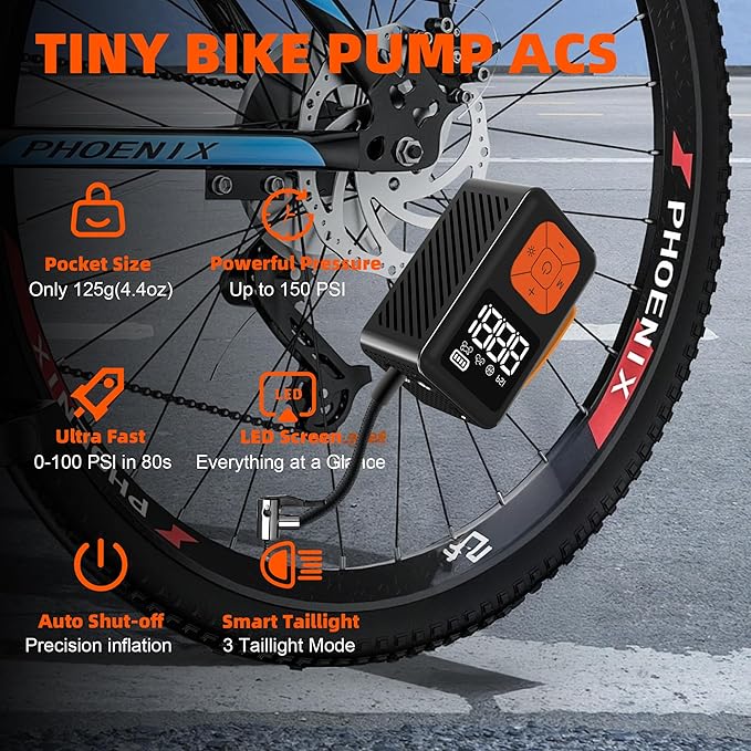 Mini Bike Pump, 150 PSI Portable Bicycle Pump with Gauge, 3X Faster & Auto Stop & Brushless Motor, Electric Bike Tire Pump with Presta and Schrader Valve for Road Bike, MTB, Motorcycle, Ball,etc