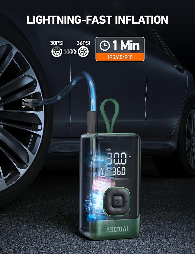 AstroAI L7 Air Tire Inflator Portable Air Compressor, 150PSI Electric Cordless Pump with Fast 1-min Inflation, Auto Shutoff, LED Light – Rechargeable for Car, SUV, Motorcycle, Bike Tires (Green)