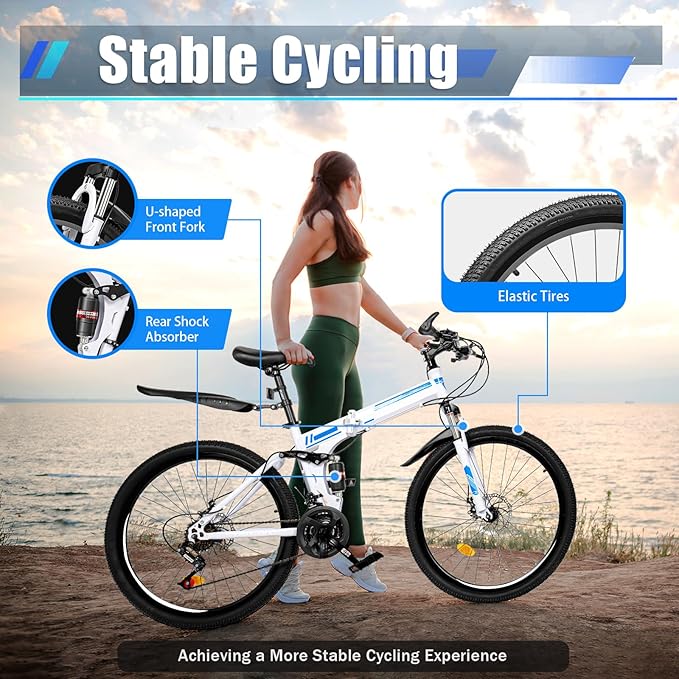 DHBREK Adult Folding Bikes 26'' Mountain Bikes 21 Speeds Mountain Bicycles Mountain Bike for Adults with Dual Disc Brake/High-Carbon Steel Folding Bicycle for Women Men Adults