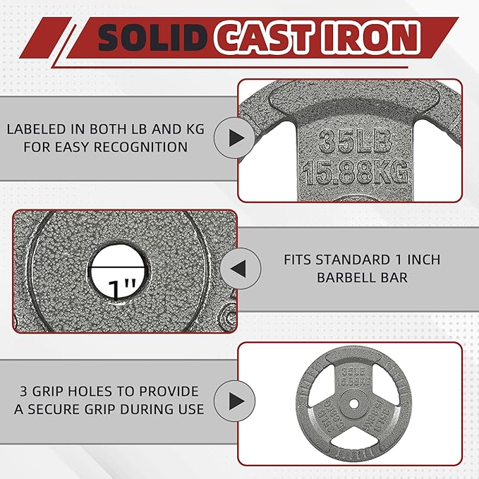 Cast Iron Gym Weight Plates | 1" and 2" Olympic Bumper Plates for Weightlifting, CrossFit, Deadlift, and Squat