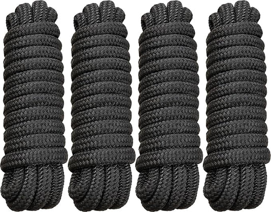 4 Pack 5/8" x 20' Dock Lines - Marine Grade Nylon Boat Rope with 15" Loop for Docking and Mooring - Double Braided Boat Lines, High Strength, Easy Handling, Fray Resistant - Black