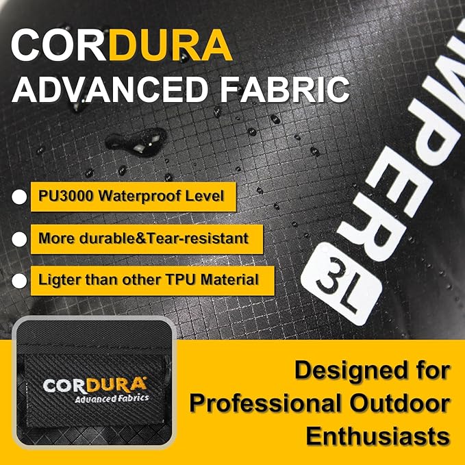 Upgraded CORDURA Waterproof Dry Bag-Lightweight&Durable Waterproof Storage Sack-Roll Top with Survival Whistle-Suitable for High-Intensity Outdoor Adventures-Floats on Water (3L/Black)