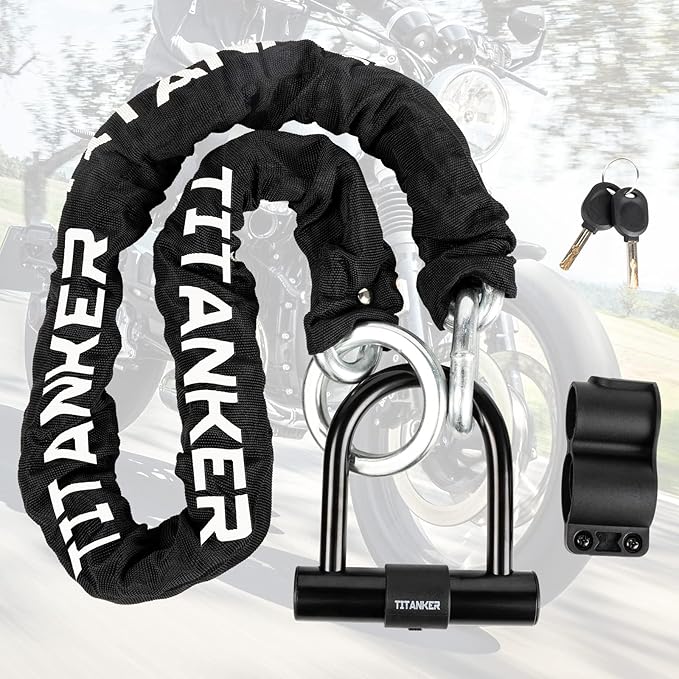 Titanker Motorcycle Chain Lock, Heavy Duty Bike Chain Lock with 2 Keys, Bike Locks with 14mm Thick U Lock for Bicycles, Motorbikes, Mopeds, Scooters (3FT,4FT)(6mm Chain,12mm Chain)