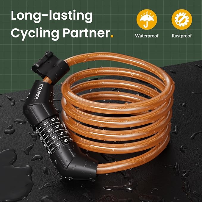 Titanker Bike Lock Cable, 4 Feet Bike Cable Lock Basic Self Coiling Kids Bike Lock Combination with Complimentary Mounting Bracket, 5/16 Inch Diameter (4FT, Orange-8mm)
